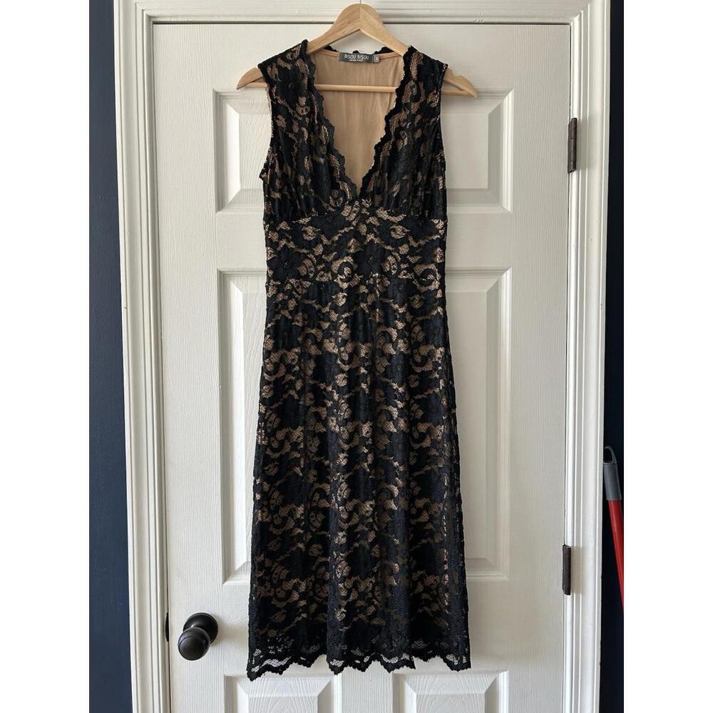 BISOU BISOU Black Lace Bodycon Dress Midi Womens Size Medium Sexy Date Night